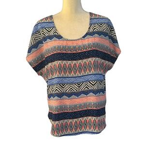 Alice Blue Geometric Print Short Sleeve Top Blouse Women's Size Large Multicolor
